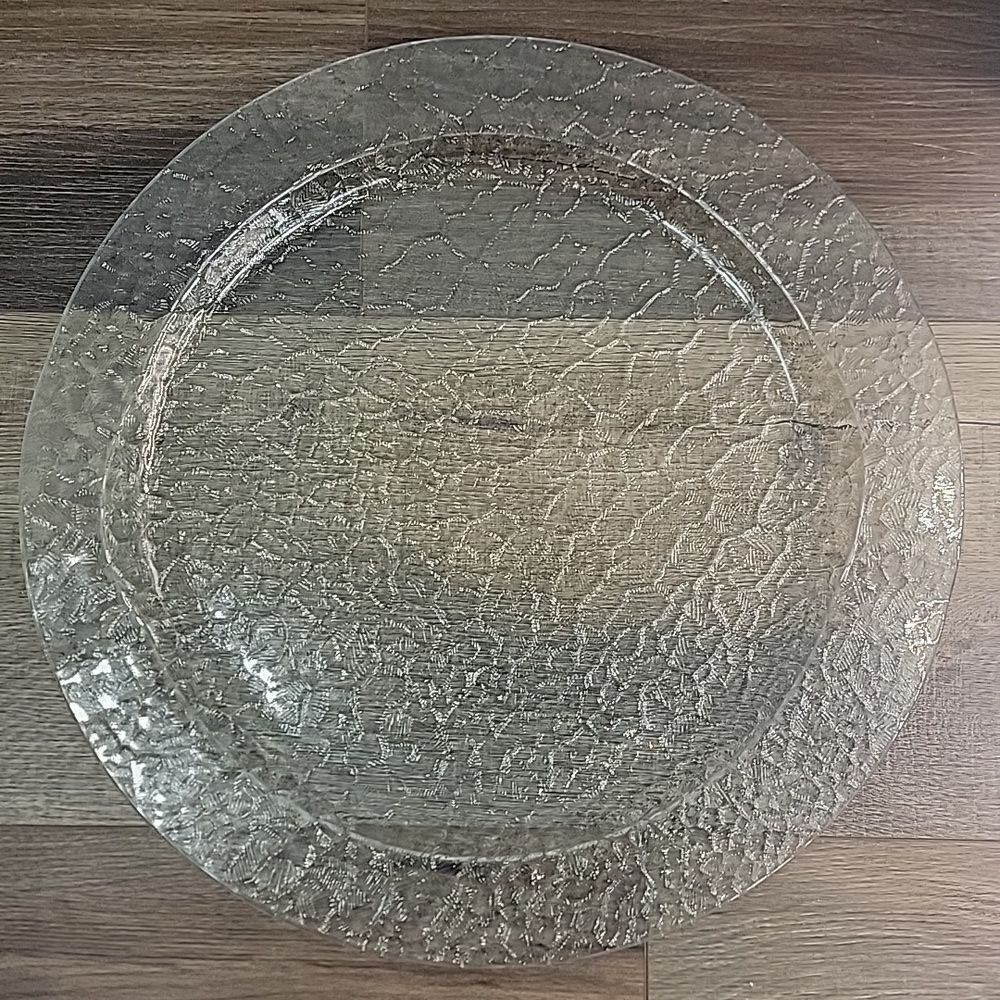 Vintage MCM Crackled Ice Glass Serving Platter With Molded Handles